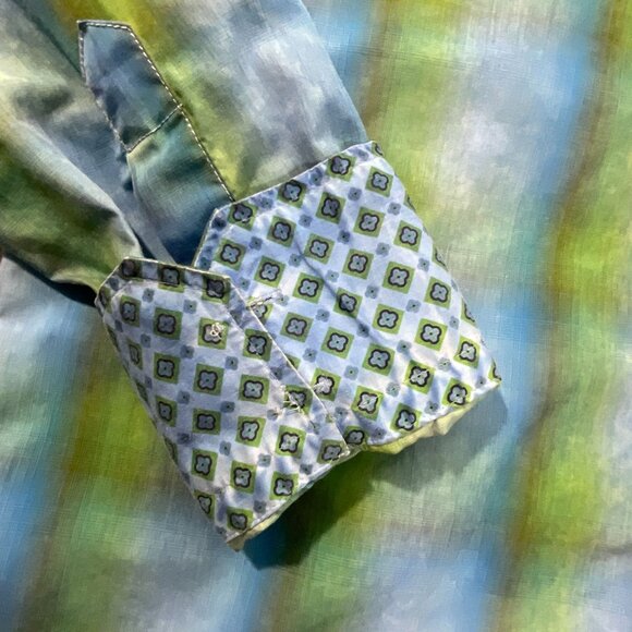 Georg Roth Shirt Mens S Plaid Ombre Flip Cuff Blue Green Button Up 100% Cotton - Picture 2 of 11